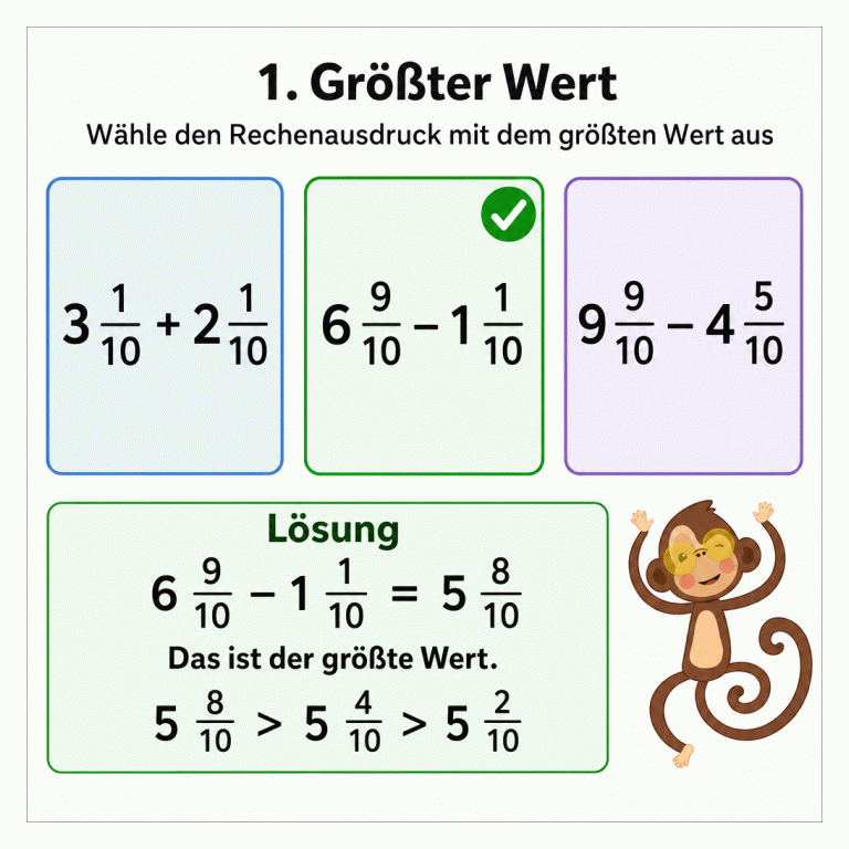 Mathematik-Arbeitsblatt zur Auswahl des größten Werts. Drei Karten zeigen 3 1/10 plus 2 1/10, 6 9/10 minus 1 1/10 und 9 9/10 minus 4 5/10. Die zweite Karte ist grün markiert. Im Lösungsfeld steht, dass 6 9/10 minus 1 1/10 gleich 5 8/10 und damit der größte Wert ist.