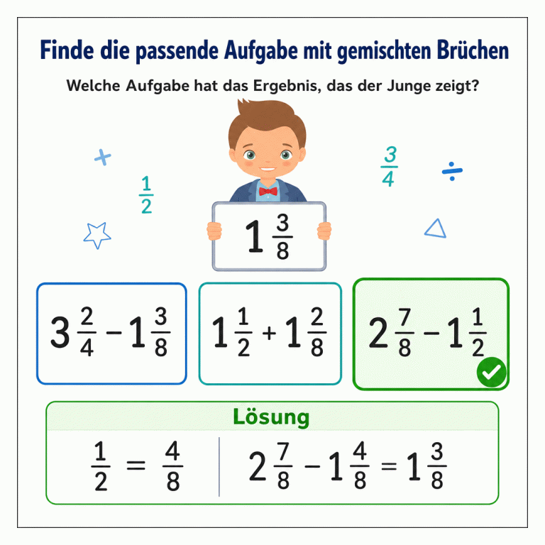 Mathe-Infografik: Ein Junge zeigt das Ergebnis 1 3/8. Unter drei Aufgaben ist 2 7/8 − 1 1/2 grün als richtig markiert. Im Lösungsfeld steht, dass 1/2 gleich 4/8 ist und die Subtraktion 1 3/8 ergibt.