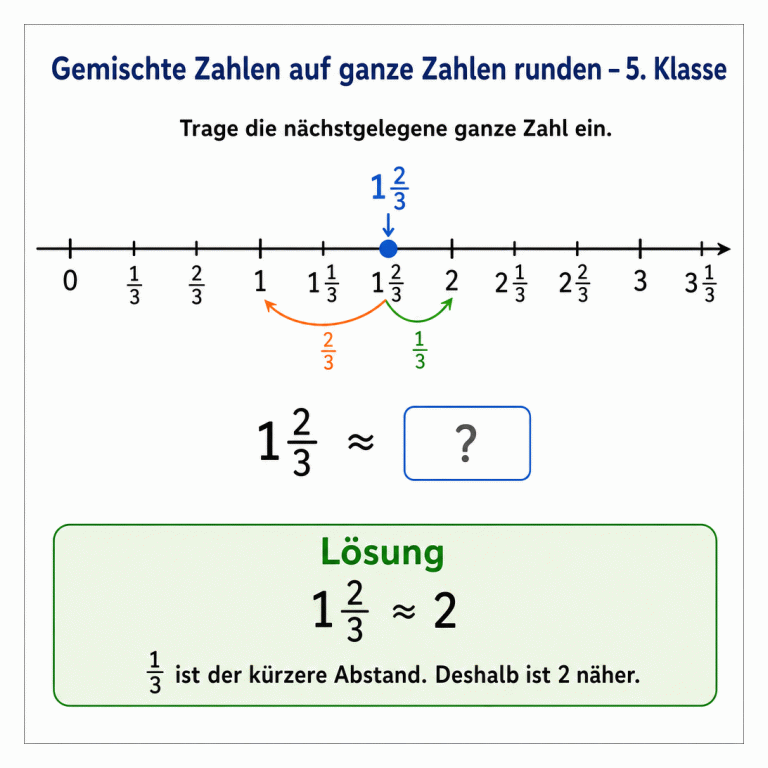 Arbeitsblatt zum Runden von 1 2/3. Ein Zahlenstrahl zeigt Drittelschritte von 0 bis 3 1/3 und markiert 1 2/3. Der Abstand zu 1 beträgt 2/3, der Abstand zu 2 nur 1/3. Im Lösungsfeld steht 1 2/3 ≈ 2.