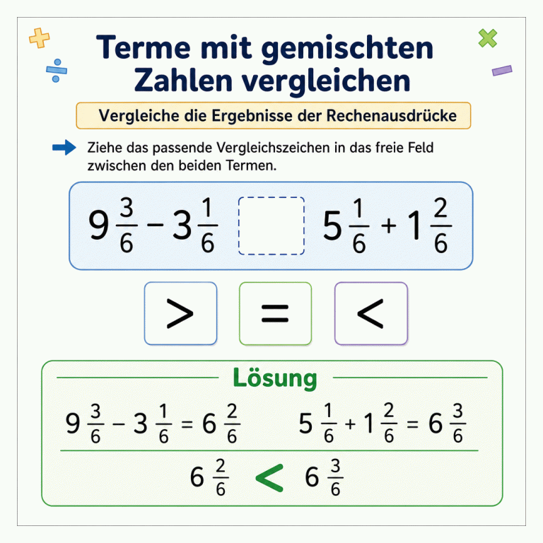 Quadratische Mathe-Übung zum Vergleichen gemischter Zahlen: 9 3/6 minus 3 1/6 wird mit 5 1/6 plus 1 2/6 verglichen. Zur Auswahl stehen die Zeichen größer als, gleich und kleiner als. Die Lösung zeigt 6 2/6 kleiner als 6 3/6; richtig ist das Zeichen kleiner als.