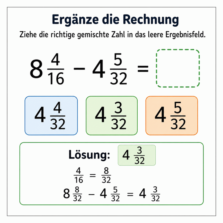 Quadratische Mathe-Infografik zur Rechnung 8 4/16 minus 4 5/32. Zur Auswahl stehen 4 4/32, 4 3/32 und 4 5/32. Der Lösungskasten erklärt die Erweiterung von 4/16 zu 8/32 und zeigt als richtiges Ergebnis 4 3/32.