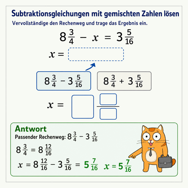 Lösungsinfografik zur Gleichung 8 3/4 minus x gleich 3 5/16. Der richtige Rechenweg ist 8 3/4 minus 3 5/16. Nach der Erweiterung auf Sechzehntel ergibt sich x gleich 5 7/16.