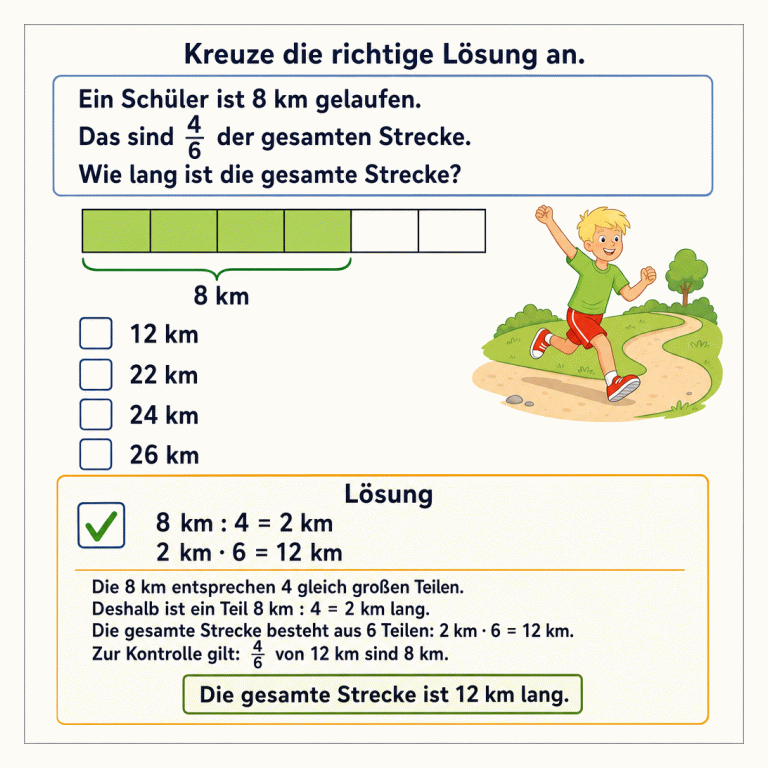 Quadratische Mathematik-Infografik: Ein Schüler ist 8 km gelaufen, das sind vier Sechstel der gesamten Strecke. Ein Balken zeigt sechs gleich große Teile, von denen vier als 8 km markiert sind. Zur Auswahl stehen 12 km, 22 km, 24 km und 26 km. Der Lösungsbereich rechnet 8 km durch 4 gleich 2 km und 2 km mal 6 gleich 12 km. Die richtige Antwort ist 12 km.