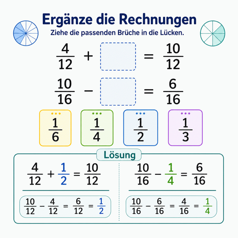 Infografik zur Ergänzung zweier Bruchrechnungen. Aus den Bruchkärtchen 1/6, 1/4, 1/2 und 1/3 werden 1/2 für 4/12 plus Lücke gleich 10/12 und 1/4 für 10/16 minus Lücke gleich 6/16 ausgewählt.