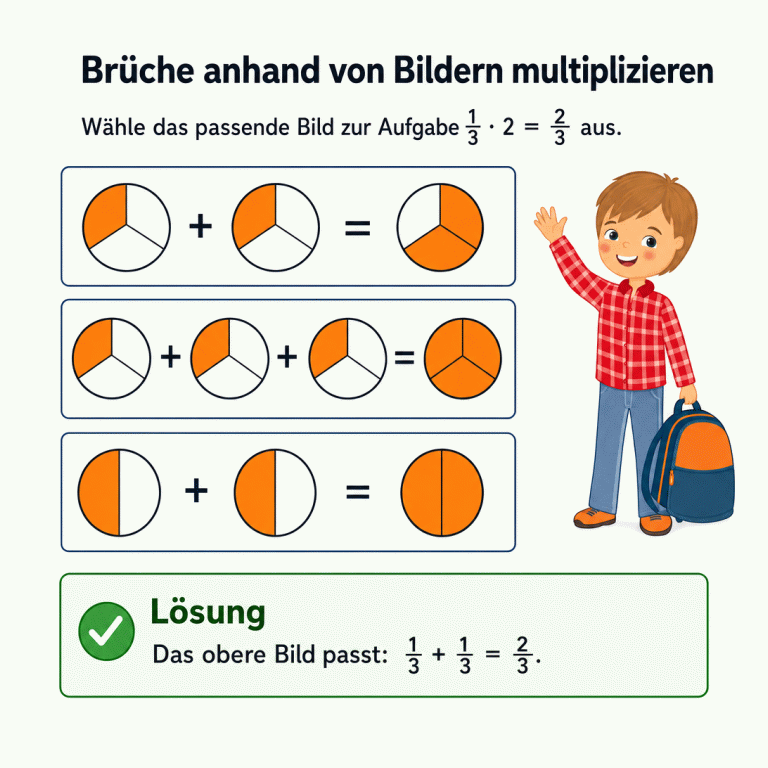 Übung zur Aufgabe ⅓ · 2 = ⅔ mit drei Bildgleichungen aus geteilten Kreisen. Oben sind zweimal ein gefärbtes Drittel und als Ergebnis zwei gefärbte Drittel zu sehen. In der Mitte werden drei gefärbte Drittel addiert. Unten werden zwei gefärbte Hälften addiert. Ein winkender Junge mit Rucksack steht rechts. Das Lösungspanel erklärt, dass die obere Bildgleichung richtig ist.