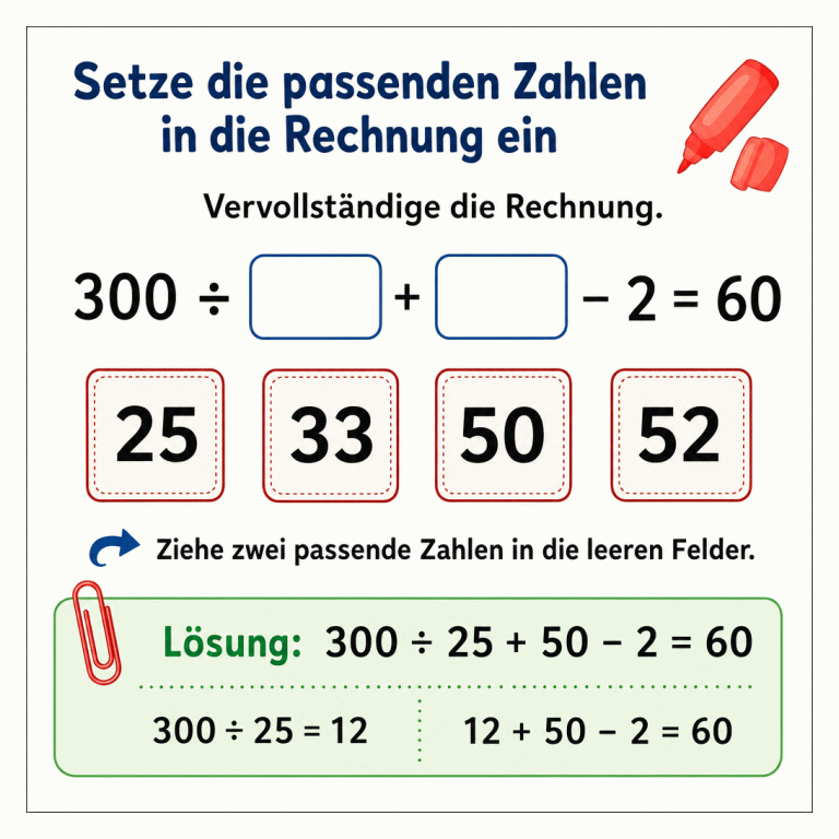Mathematik-Infografik zur Rechnung 300 geteilt durch ein leeres Feld plus ein leeres Feld minus 2 gleich 60. Zur Auswahl stehen 25, 33, 50 und 52. Im Lösungsbereich sind 25 und 50 eingesetzt: 300 ÷ 25 + 50 – 2 = 60.
