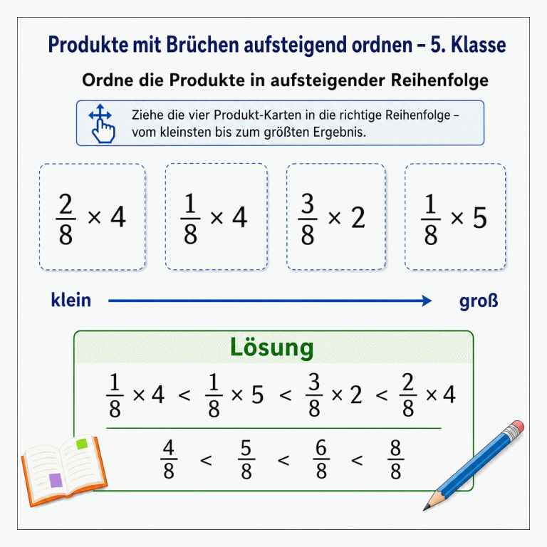 Mathematik-Arbeitsblatt zum Ordnen von vier Bruchprodukten. Die Lösung zeigt: ein Achtel mal vier ist kleiner als ein Achtel mal fünf, dieses ist kleiner als drei Achtel mal zwei, und dieses ist kleiner als zwei Achtel mal vier.