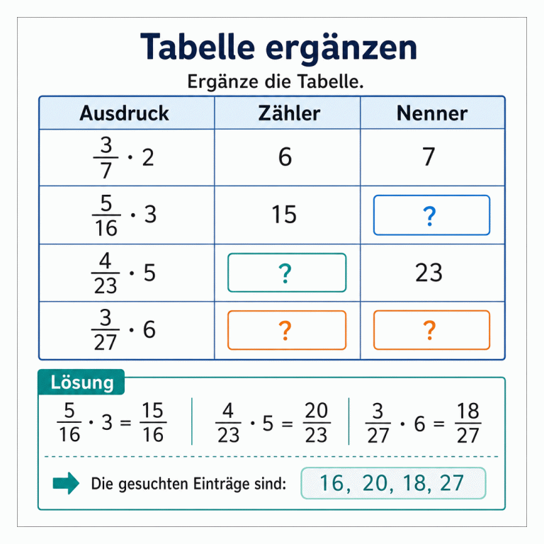 Arbeitsblatt mit der Überschrift „Tabelle ergänzen“ und einer Tabelle mit den Spalten Ausdruck, Zähler und Nenner. Die Zeilen zeigen 3/7 · 2 mit 6 und 7, 5/16 · 3 mit 15 und einem fehlenden Nenner, 4/23 · 5 mit einem fehlenden Zähler und 23 sowie 3/27 · 6 mit fehlendem Zähler und Nenner. Der Lösungsbereich nennt die Einträge 16, 20, 18 und 27.