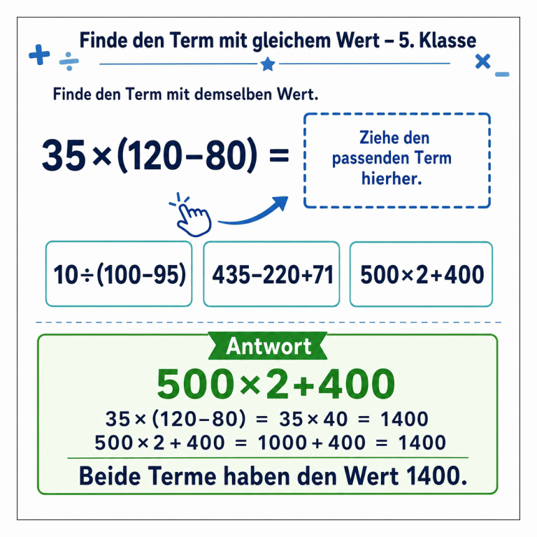 Quadratische Mathematik-Infografik zur Ziehaufgabe: Gesucht ist ein Term mit demselben Wert wie 35×(120–80). Zur Auswahl stehen 10÷(100–95), 435–220+71 und 500×2+400. Im getrennten Lösungskasten wird gezeigt, dass der vorgegebene Term und 500×2+400 jeweils den Wert 1400 haben.