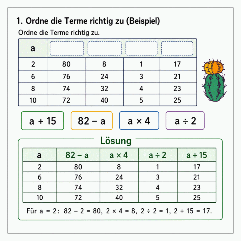 Zuordnungsaufgabe mit einer Wertetabelle für a gleich 2, 6, 8 und 10. Die vier Termkarten werden den Zahlenspalten zugeordnet. Die Lösung lautet von links nach rechts: 82 – a, a × 4, a ÷ 2 und a + 15.