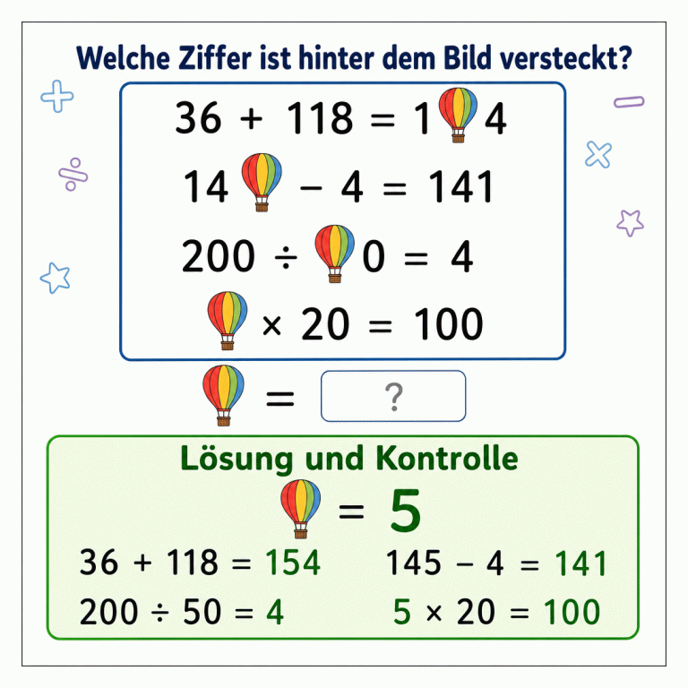 Quadratische Mathe-Infografik mit der Frage „Welche Ziffer ist hinter dem Bild versteckt?“. Ein Heißluftballon ersetzt dieselbe Ziffer in den Gleichungen 36 + 118 = 1🎈4, 14🎈 – 4 = 141, 200 ÷ 🎈0 = 4 und 🎈 × 20 = 100. Ein Eingabefeld zeigt 🎈 = ?. Im getrennten Lösungsbereich steht 🎈 = 5; darunter werden alle vier Gleichungen mit eingesetzter 5 überprüft.