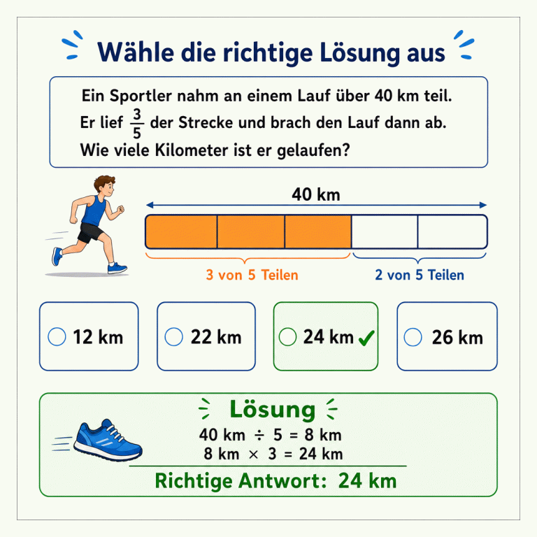 Mathematikaufgabe zu drei Fünfteln von 40 km mit einer in fünf gleiche Teile gegliederten Laufstrecke. Drei Teile sind markiert. Zur Auswahl stehen 12 km, 22 km, 24 km und 26 km. Als richtige Lösung ist 24 km hervorgehoben, mit der Rechnung 40 km geteilt durch 5 gleich 8 km und 8 km mal 3 gleich 24 km.