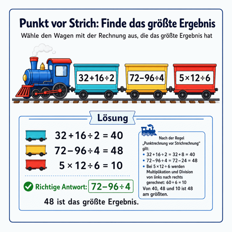 Mathematik-Infografik mit einer Lokomotive und drei Wagen. Auf den Wagen stehen 32+16÷2, 72–96÷4 und 5×12÷6. Das Lösungspanel zeigt die Ergebnisse 40, 48 und 10. Der mittlere Wagen mit 72–96÷4 ist richtig, weil 48 das größte Ergebnis ist.