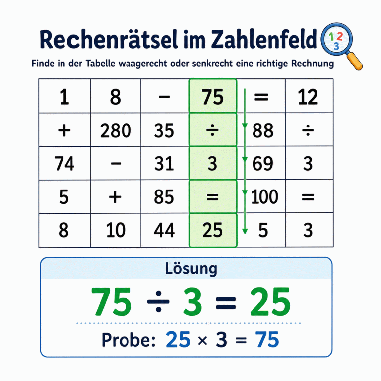 Rechenrätsel mit einem Zahlenraster aus fünf Zeilen und sechs Spalten. In der vierten Spalte sind von oben nach unten die Felder 75, ÷, 3, = und 25 markiert. Der Lösungsbereich zeigt: 75 ÷ 3 = 25. Als Probe steht dort: 25 × 3 = 75.
