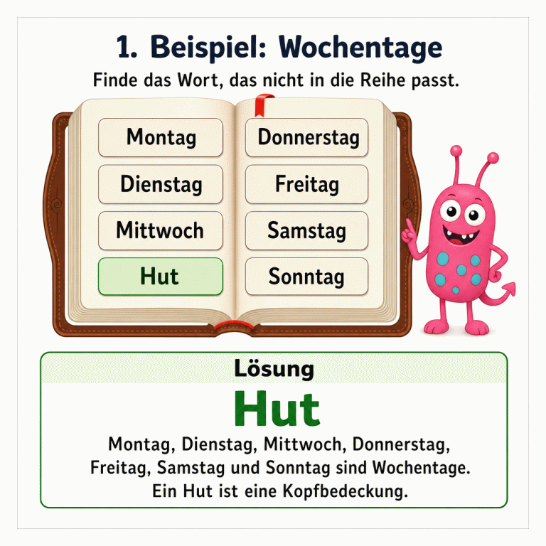 Logikübung zu Wochentagen auf einem aufgeschlagenen Buch. Zur Auswahl stehen Montag, Dienstag, Mittwoch, Donnerstag, Freitag, Samstag, Sonntag und Hut. Hut ist grün als richtige Lösung markiert, weil es kein Wochentag, sondern eine Kopfbedeckung ist. Rechts steht ein lustiges pinkes Fantasiewesen mit türkisfarbenen Flecken.