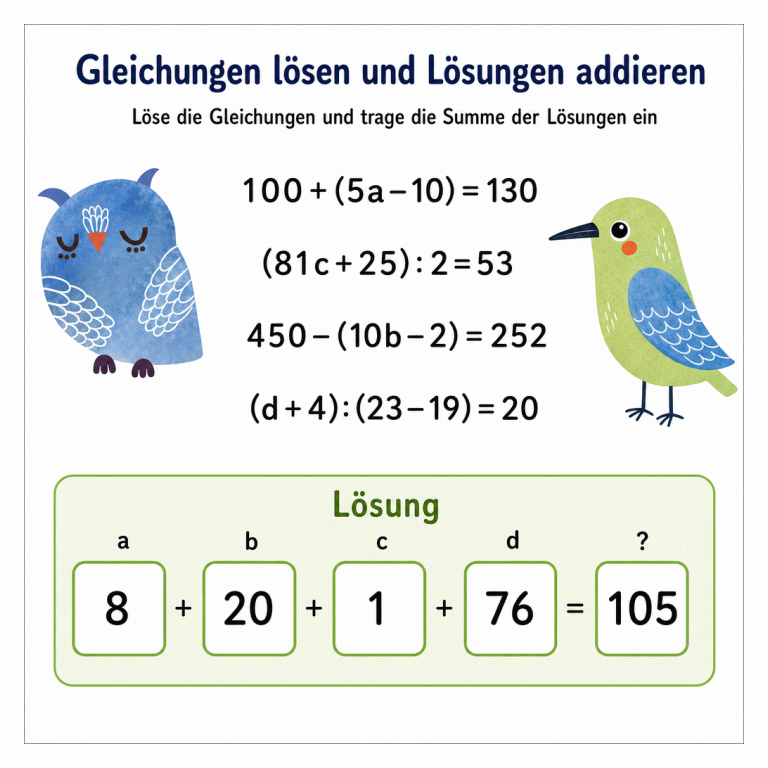 Quadratisches Lösungsblatt mit vier Gleichungen: 100+(5a–10)=130, (81c+25):2=53, 450–(10b–2)=252 und (d+4):(23–19)=20. Im abgetrennten Lösungsfeld steht die ausgefüllte Eingabezeile 8 + 20 + 1 + 76 = 105. Ein blauer rundlicher Vogel und ein hellgrüner Vogel schmücken die Seiten.