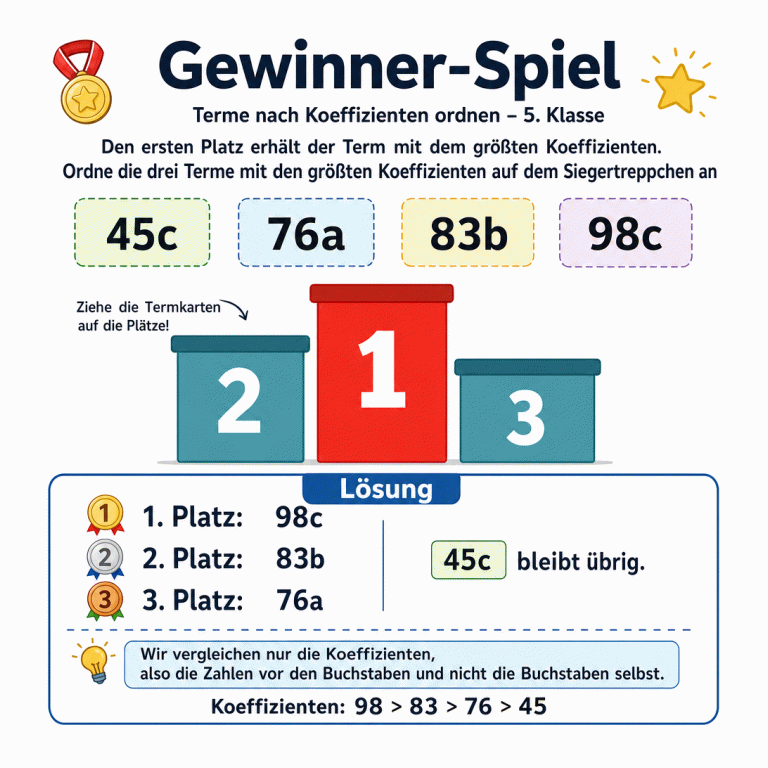 Mathematik-Aufgabe mit den Termkarten 45с, 76a, 83b und 98с sowie einem Siegertreppchen. In der Lösung steht 98с auf Platz 1, 83b auf Platz 2 und 76a auf Platz 3. 45с bleibt übrig.