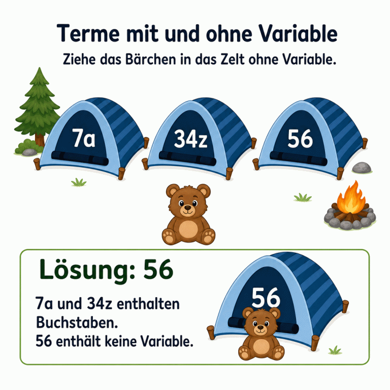 Lerninfografik zu Termen mit und ohne Variable. Drei blaue Zelte sind mit 7a, 34z und 56 beschriftet. Ein braunes Bärchen soll in das Zelt ohne Variable gezogen werden. Der getrennte Lösungskasten zeigt das Bärchen beim Zelt 56 und erklärt, dass 7a und 34z Buchstaben enthalten, 56 aber keine Variable.