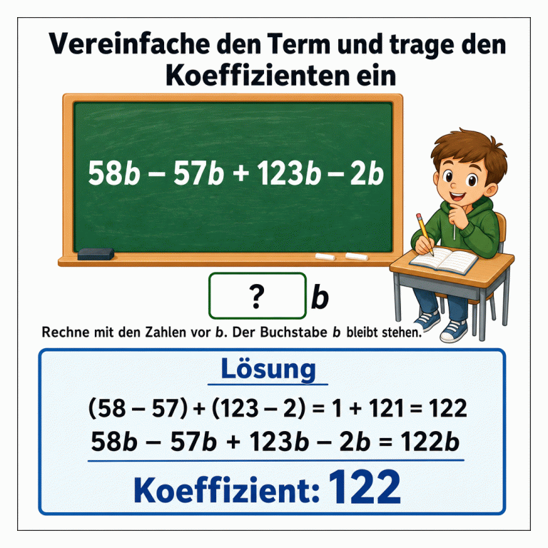 Quadratische Mathematik-Infografik zum Vereinfachen des Terms 58b minus 57b plus 123b minus 2b. Unter dem Term steht ein Eingabefeld vor b. Der getrennte Lösungskasten zeigt die Rechnung 58 minus 57 plus 123 minus 2 gleich 122, den vereinfachten Term 122b und den Koeffizienten 122.