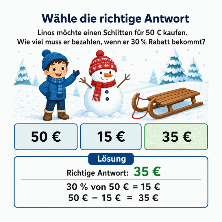 Mathematikaufgabe zur Rabattberechnung: Linos möchte einen Schlitten für 50 € kaufen und erhält 30 % Rabatt. Zur Auswahl stehen 50 €, 15 € und 35 €. Im Lösungsfeld ist 35 € als richtige Antwort markiert, denn 30 % von 50 € sind 15 € und 50 € minus 15 € sind 35 €.
