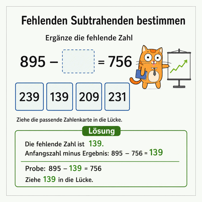 Arbeitsblatt zur Aufgabe „Ergänze die fehlende Zahl“: 895 minus eine fehlende Zahl ergibt 756. Zur Auswahl stehen die Zahlenkarten 239, 139, 209 und 231. Die passende Karte soll in die Lücke gezogen werden. Eine kleine orangefarbene Katze neben einer Tafel dient als Dekoration. Im getrennten Lösungsfeld steht: Die fehlende Zahl ist 139, denn 895 – 756 = 139. Probe: 895 – 139 = 756.