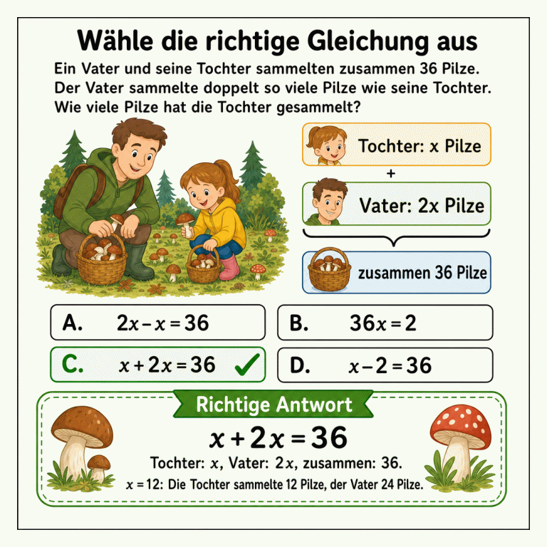 Quadratische Mathematik-Lernkarte: Ein Vater und seine Tochter sammeln zusammen 36 Pilze. Vier Gleichungen stehen zur Auswahl. Die richtige Gleichung x+2x=36 ist grün markiert, weil die Tochter x Pilze und der Vater 2x Pilze gesammelt hat.