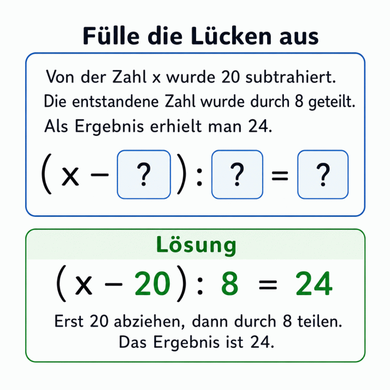 Arbeitsblatt mit der Überschrift „Fülle die Lücken aus“. Der Text beschreibt: Von x wird 20 abgezogen, die entstandene Zahl wird durch 8 geteilt und das Ergebnis ist 24. Darunter steht die Lückengleichung ( x – ? ) : ? = ?. Im getrennten Lösungsfeld sind die Lücken ausgefüllt: ( x – 20 ) : 8 = 24.