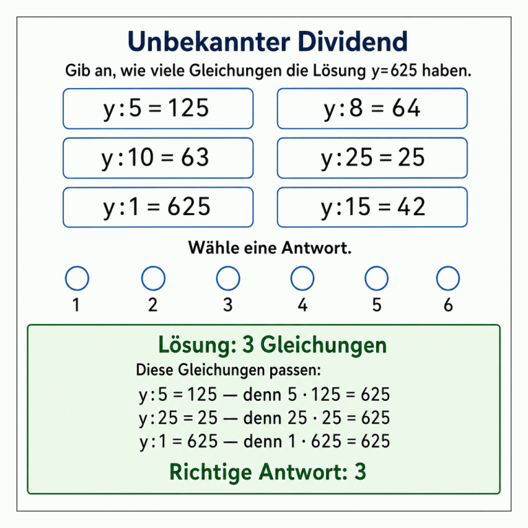 Übung „Unbekannter Dividend“: Gib an, wie viele Gleichungen die Lösung y=625 haben. Zur Prüfung stehen y:5=125, y:8=64, y:10=63, y:25=25, y:1=625 und y:15=42. Die Antwortmöglichkeiten sind 1, 2, 3, 4, 5 und 6. Der getrennte Lösungsbereich zeigt: y:5=125, y:25=25 und y:1=625 passen, denn die jeweiligen Umkehraufgaben ergeben 625. Die richtige Antwort ist 3.