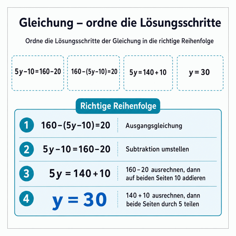 Übung zum Ordnen von vier Gleichungskarten. Im getrennten Antwortbereich steht die richtige Reihenfolge: 160–(5y–10)=20, dann 5y–10=160–20, danach 5y=140+10 und zuletzt y=30. Zuerst wird die Subtraktion umgestellt. Danach werden 160–20 ausgerechnet und auf beiden Seiten 10 addiert. Zum Schluss werden 140+10 ausgerechnet und beide Seiten durch 5 geteilt.
