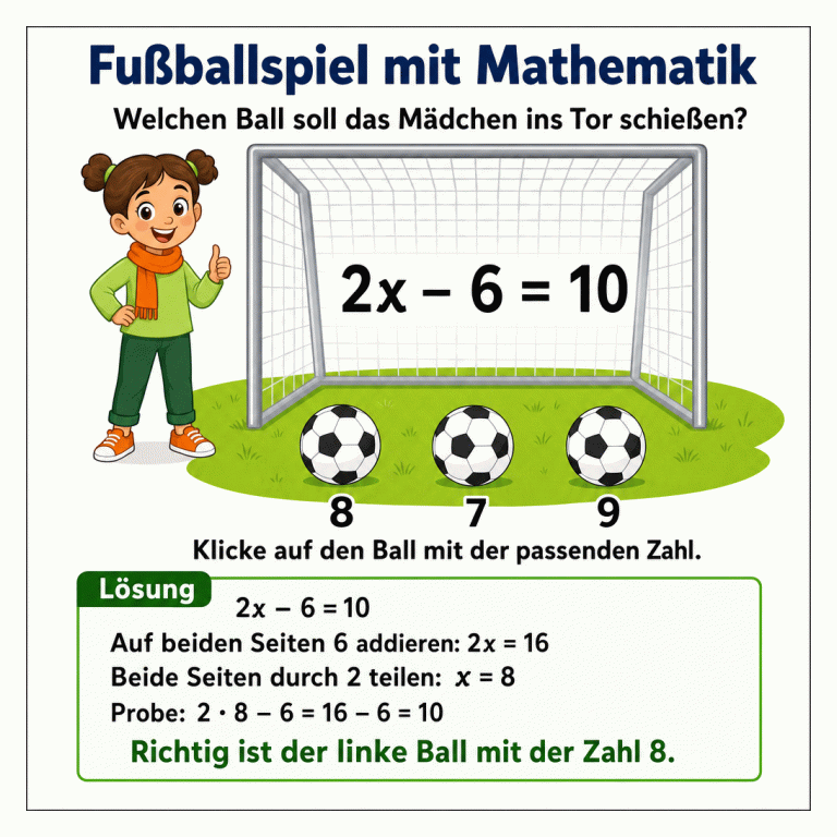 Mathe-Fußball: Ein Mädchen steht neben einem Tor mit der Gleichung 2x – 6 = 10. Vor dem Tor liegen drei Fußbälle, von links nach rechts mit den Zahlen 8, 7 und 9 beschriftet. Die Frage lautet: Welchen Ball soll das Mädchen ins Tor schießen? Im getrennten Lösungskasten wird auf beiden Seiten 6 addiert und anschließend durch 2 geteilt. Das ergibt x = 8. Die Probe 2 · 8 – 6 = 10 bestätigt: Der linke Ball mit der Zahl 8 ist richtig.