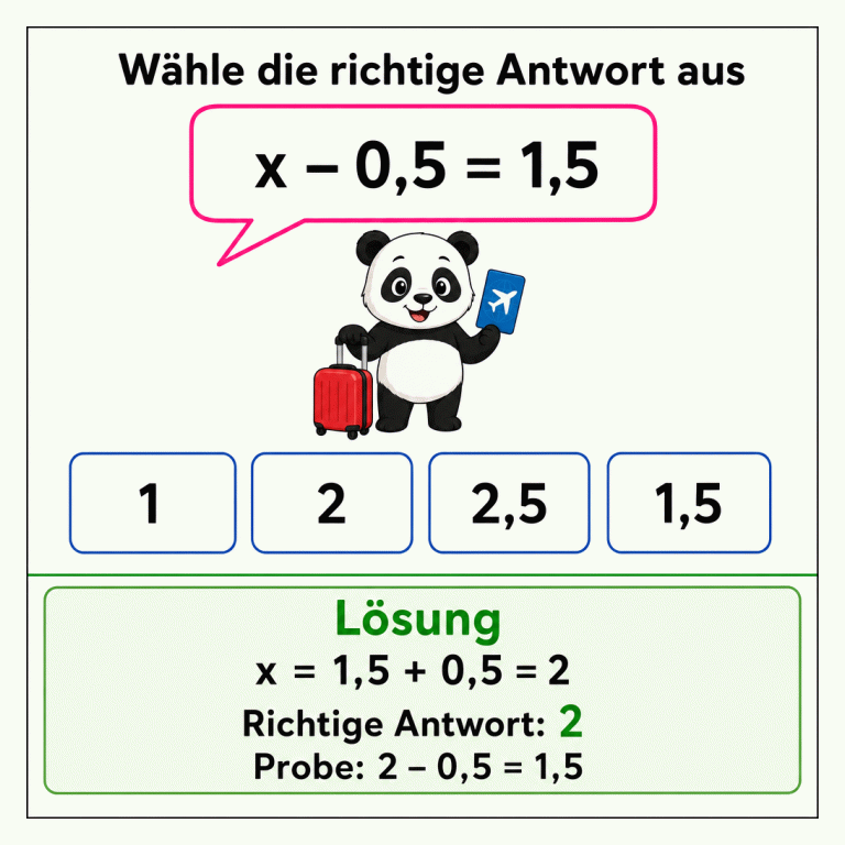 Die Aufgabe lautet: Wähle die richtige Antwort aus. In einer pink umrandeten Sprechblase steht x – 0,5 = 1,5. Daneben ist ein Panda mit Reisegepäck zu sehen. Zur Auswahl stehen 1, 2, 2,5 und 1,5. Der getrennte Lösungsbereich zeigt: x = 1,5 + 0,5 = 2. Richtig ist 2. Probe: 2 – 0,5 = 1,5.