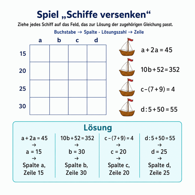 Spiel „Schiffe versenken“: Ziehe jedes Schiff auf das Feld, das zur Lösung der zugehörigen Gleichung passt. Das leere Spielfeld hat die Spalten a, b, c, d und die Zeilen 15, 20, 25, 30. Daneben steht je ein Schiff bei a+2a=45, 10b+52=352, c–(7+9)=4 und d:5+50=55. Im getrennten Lösungsbereich stehen die Zuordnungen: a = 15, Spalte a und Zeile 15; b = 30, Spalte b und Zeile 30; c = 20, Spalte c und Zeile 20; d = 25, Spalte d und Zeile 25.
