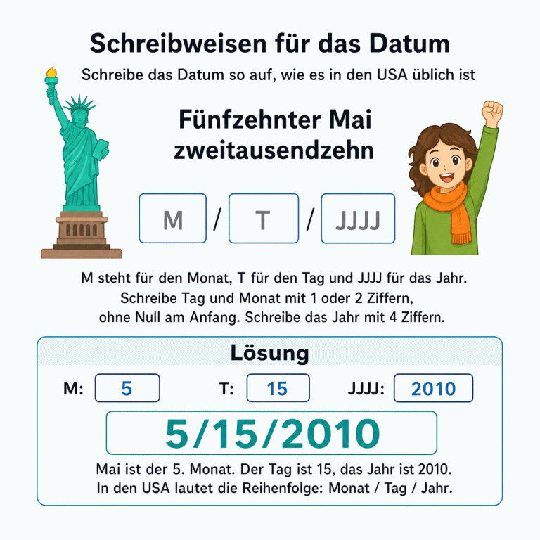 Arbeitsblatt zur US-amerikanischen Datumsschreibweise. Zwischen einer Freiheitsstatue links und einer Figur mit orangefarbenem Schal rechts steht „Fünfzehnter Mai zweitausendzehn“. Darunter befinden sich drei Eingabefelder M / T / JJJJ. Der getrennte Lösungsbereich zeigt: Monat 5, Tag 15, Jahr 2010. Das vollständige Datum lautet 5/15/2010.