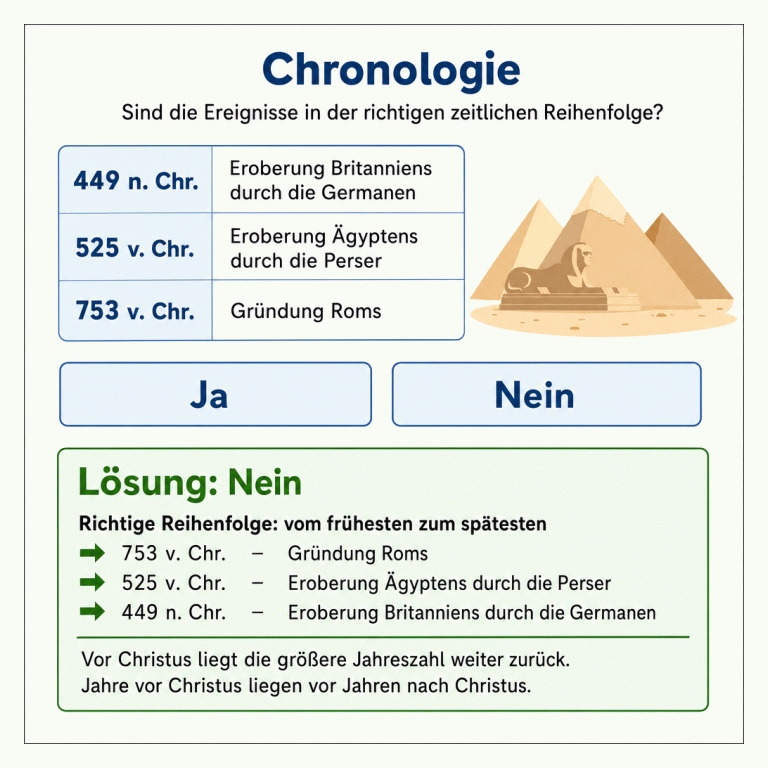 Chronologie-Aufgabe mit der Frage: Sind die Ereignisse in der richtigen zeitlichen Reihenfolge? Vorgegeben sind von oben nach unten: 449 n. Chr. – Eroberung Britanniens durch die Germanen; 525 v. Chr. – Eroberung Ägyptens durch die Perser; 753 v. Chr. – Gründung Roms. Zur Auswahl stehen Ja und Nein. Das getrennte Lösungsfeld nennt Nein und ordnet die Ereignisse richtig: zuerst Gründung Roms, 753 v. Chr.; dann Eroberung Ägyptens durch die Perser, 525 v. Chr.; zuletzt Eroberung Britanniens durch die Germanen, 449 n. Chr.