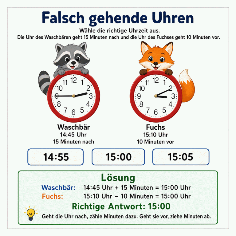 Falsch gehende Uhren: Wähle die richtige Uhrzeit aus. Die Uhr des Waschbären zeigt 14:45 Uhr und geht 15 Minuten nach. Die Uhr des Fuchses zeigt 15:10 Uhr und geht 10 Minuten vor. Zur Auswahl stehen 14:55, 15:00 und 15:05. Im getrennten Lösungsfeld steht: 14:45 Uhr plus 15 Minuten ergibt 15:00 Uhr. 15:10 Uhr minus 10 Minuten ergibt ebenfalls 15:00 Uhr. Richtig ist 15:00.