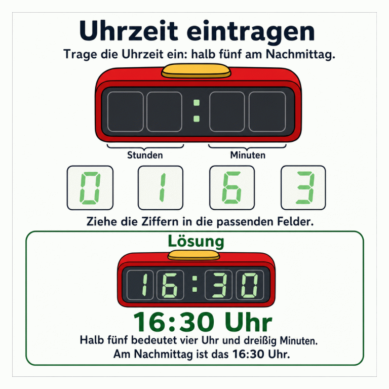 Übung „Uhrzeit eintragen“ mit der Aufforderung „Trage die Uhrzeit ein: halb fünf am Nachmittag.“ Eine rote Digitaluhr hat vier leere Ziffernfelder und einen Doppelpunkt. Darunter liegen die Ziffernkärtchen 0, 1, 6 und 3. Der getrennte Lösungsbereich zeigt 16:30 Uhr: 1 und 6 stehen vor dem Doppelpunkt, 3 und 0 dahinter.