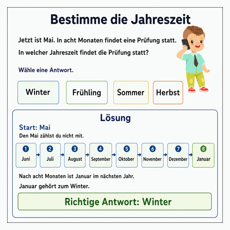 Aufgabe: Jetzt ist Mai. In acht Monaten findet eine Prüfung statt. Gesucht ist die Jahreszeit. Zur Auswahl stehen Winter, Frühling, Sommer und Herbst. Der getrennte Lösungsbereich zählt ab Mai weiter: 1 Juni, 2 Juli, 3 August, 4 September, 5 Oktober, 6 November, 7 Dezember, 8 Januar. Januar liegt im nächsten Jahr und gehört zum Winter. Die richtige Antwort ist Winter.