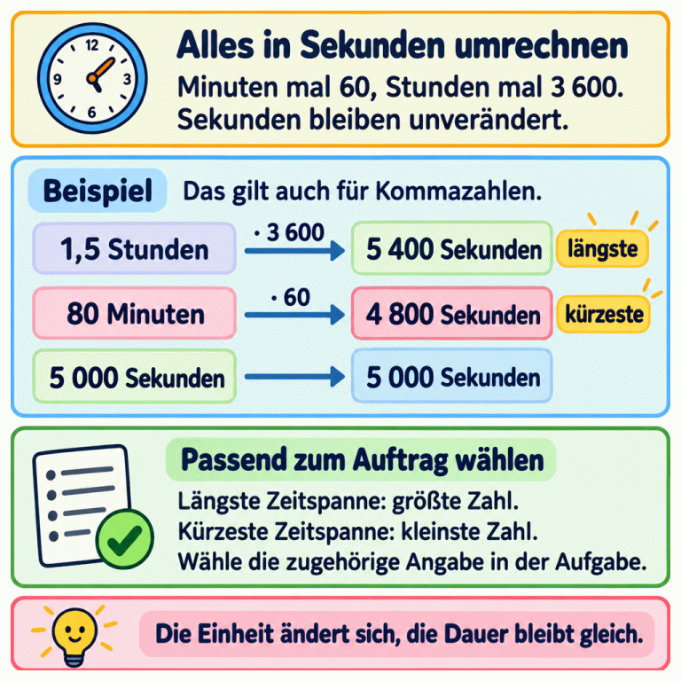 Rechne alle Zeitspannen in Sekunden um: Minuten mal 60, Stunden mal 3 600. Sekunden bleiben unverändert. Beispiel: 1,5 Stunden sind 5 400 Sekunden, 80 Minuten sind 4 800 Sekunden. 5 000 Sekunden bleiben unverändert. Im Beispiel sind 1,5 Stunden die längste und 80 Minuten die kürzeste Zeitspanne. Nach dem Umrechnen gehört die größte Zahl zur längsten, die kleinste zur kürzesten Dauer. Wähle passend zum Auftrag die zugehörige Angabe in der Aufgabe. Alles in Sekunden umrechnen: Minuten mal 60, Stunden mal 3 600.
Sekunden bleiben unverändert. Beispiel: Das gilt auch für Kommazahlen. Passend zum Auftrag wählen: Längste Zeitspanne: größte Zahl.
Kürzeste Zeitspanne: kleinste Zahl.
Wähle die zugehörige Angabe in der Aufgabe. Die Einheit ändert sich, die Dauer bleibt gleich. 1,5 Stunden · 3 600 5 400 Sekunden 80 Minuten · 60 4 800 Sekunden 5 000 Sekunden längste kürzeste 12 9 3 6