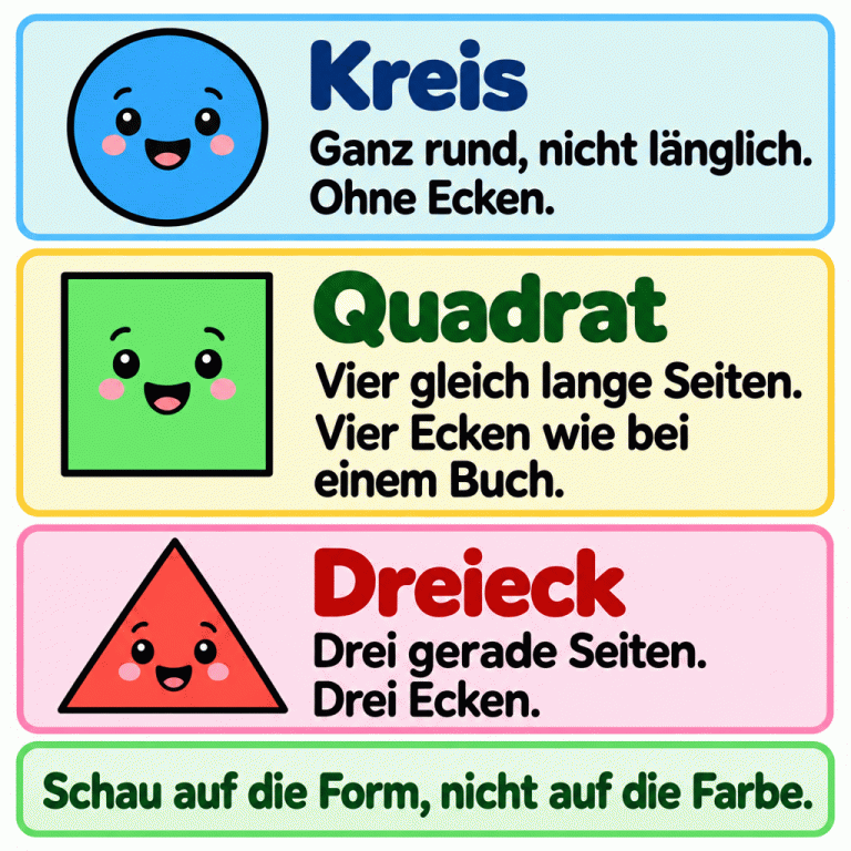 Drei freundliche Formfiguren stehen untereinander. Der Kreis ist ganz rund, nicht länglich und ohne Ecken. Das Quadrat hat vier gleich lange Seiten und vier Ecken wie bei einem Buch. Das Dreieck hat drei gerade Seiten und drei Ecken. Der Merksatz lautet: Schau auf die Form, nicht auf die Farbe. Kreis: Ganz rund, nicht länglich. Ohne Ecken. Quadrat: Vier gleich lange Seiten. Vier Ecken wie bei einem Buch. Dreieck: Drei gerade Seiten. Drei Ecken. Schau auf die Form, nicht auf die Farbe.