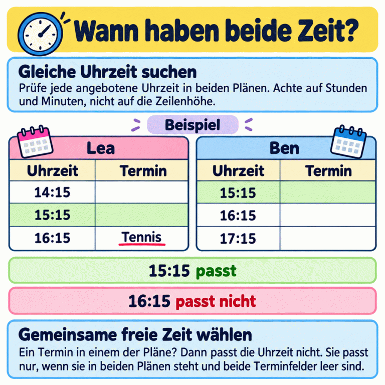 Zwei Terminpläne zeigen, wie man eine gemeinsame freie Uhrzeit findet. Im Beispiel beginnt Leas Plan früher als Bens. Um 15:15 sind in beiden Plänen die Terminfelder leer: Diese Uhrzeit passt. Um 16:15 hat Lea Tennis, während Bens Terminfeld leer ist: Diese Uhrzeit passt nicht. Vergleiche in beiden Plänen dieselbe vollständige Uhrzeit, nicht einfach gleich hohe Zeilen. Eine passende angebotene Uhrzeit muss in beiden Plänen stehen und bei beiden ein leeres Terminfeld haben. Wann haben beide Zeit? Gleiche Uhrzeit suchen: Prüfe jede angebotene Uhrzeit in beiden Plänen. Achte auf Stunden und Minuten, nicht auf die Zeilenhöhe. Gemeinsame freie Zeit wählen: Ein Termin in einem der Pläne? Dann passt die Uhrzeit nicht. Sie passt nur, wenn sie in beiden Plänen steht und beide Terminfelder leer sind. Beispiel Lea Ben Uhrzeit Termin 14:15 15:15 16:15 17:15 Tennis passt passt nicht