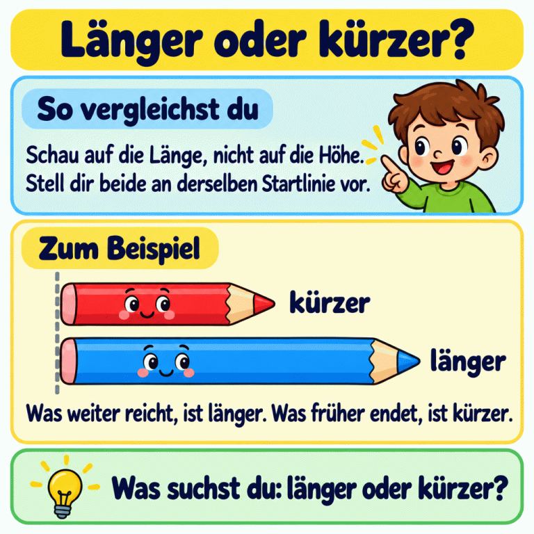 Zwei freundliche Stifte beginnen an derselben Startlinie und zeigen in dieselbe Richtung. Der kürzere Stift endet früher. Der längere reicht weiter. Die Karte erklärt, die Länge statt der Höhe zu vergleichen und auf die Frage nach länger oder kürzer zu achten. Länger oder kürzer? So vergleichst du: Schau auf die Länge, nicht auf die Höhe. Stell dir beide an derselben Startlinie vor. Zum Beispiel: Was weiter reicht, ist länger. Was früher endet, ist kürzer. Was suchst du: länger oder kürzer? kürzer länger