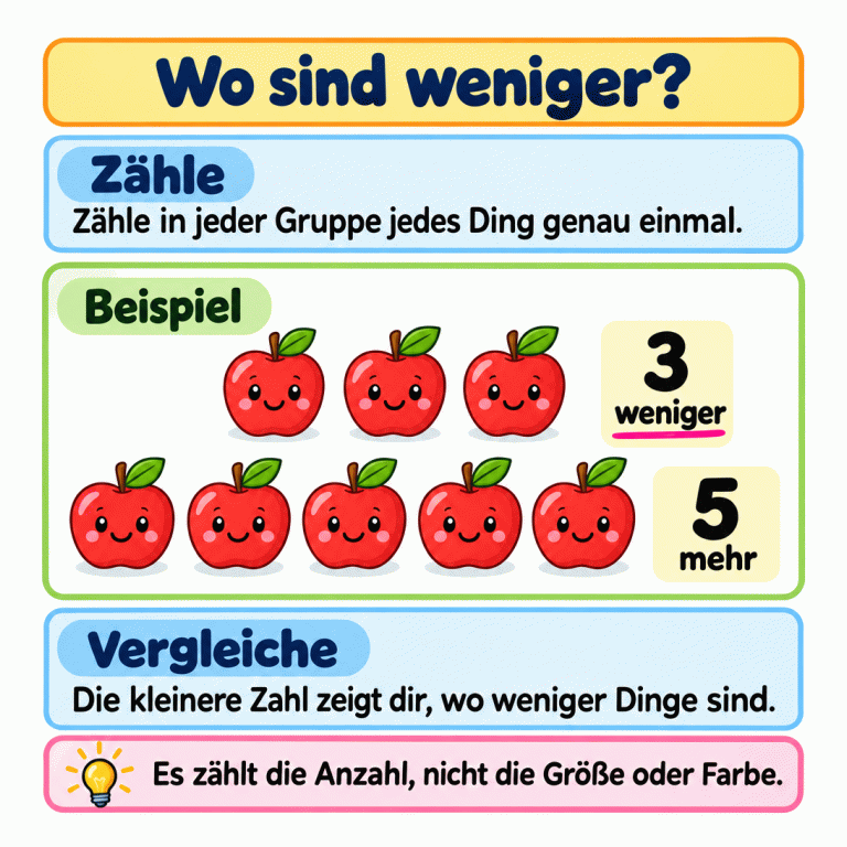 Wo sind weniger? Zähle in jeder Gruppe jedes Ding genau einmal. Ein Beispiel zeigt drei Äpfel mit der Zahl 3 und dem Wort „weniger“ sowie fünf Äpfel mit der Zahl 5 und dem Wort „mehr“. Die kleinere Zahl zeigt dir, wo weniger Dinge sind. Es zählt die Anzahl, nicht die Größe oder Farbe. Wo sind weniger? Zähle: Zähle in jeder Gruppe jedes Ding genau einmal. Vergleiche: Die kleinere Zahl zeigt dir, wo weniger Dinge sind. Es zählt die Anzahl, nicht die Größe oder Farbe. Beispiel 3 5 weniger mehr