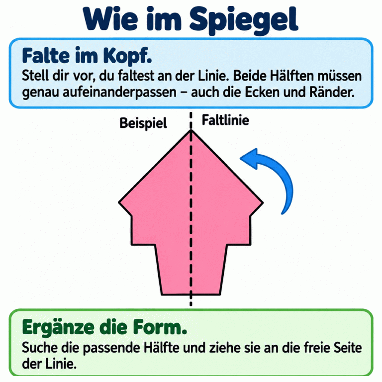 Eine oben spitze Papierform mit seitlichen Stufen ist durch eine gestrichelte Faltlinie geteilt. Beide Hälften sind spiegelbildlich. Beim Falten an der Linie passen alle Ecken und Ränder genau aufeinander. So findest du die passende Hälfte zum Ergänzen. Wie im Spiegel Falte im Kopf.: Stell dir vor, du faltest an der Linie. Beide Hälften müssen genau aufeinanderpassen – auch die Ecken und Ränder. Ergänze die Form.: Suche die passende Hälfte und ziehe sie an die freie Seite der Linie. Beispiel Faltlinie