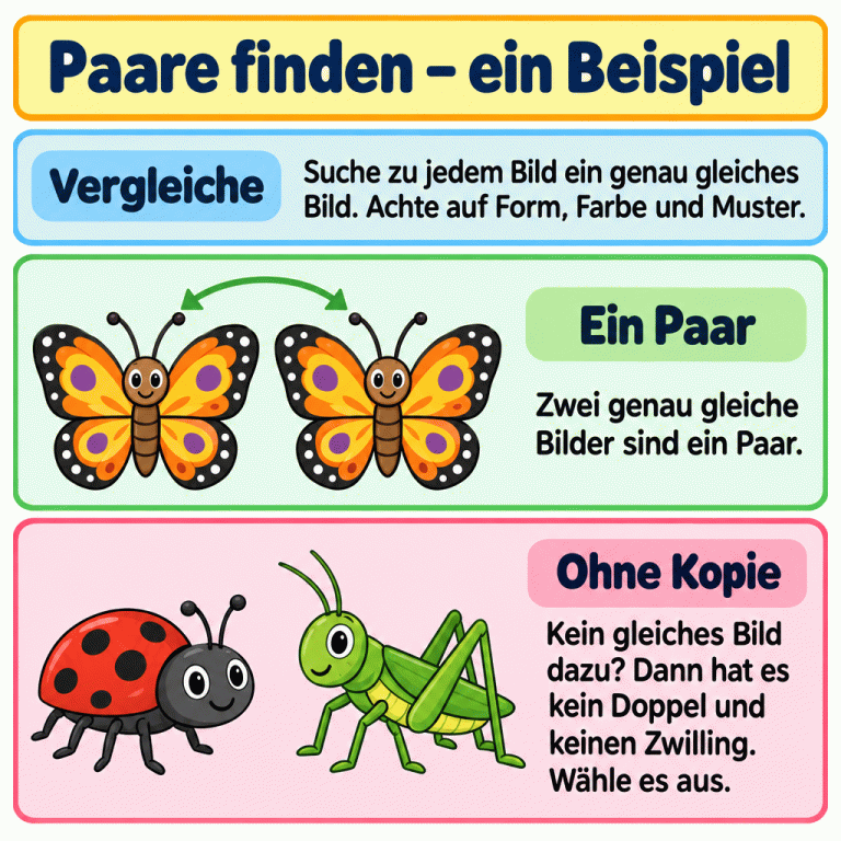 Ein Beispiel zum Finden von Bildpaaren: Zwei genau gleiche Schmetterlinge bilden ein Paar. Ein Käfer und eine Heuschrecke haben in diesem Beispiel kein gleiches Partnerbild. Die Anleitung erklärt, wie man alle Bilder nach Form, Farbe und Muster vergleicht und Bilder ohne Kopie findet. Paare finden – ein Beispiel Vergleiche: Suche zu jedem Bild ein genau gleiches Bild. Achte auf Form, Farbe und Muster. Ein Paar: Zwei genau gleiche Bilder sind ein Paar. Ohne Kopie: Kein gleiches Bild dazu? Dann hat es kein Doppel und keinen Zwilling. Wähle es aus.