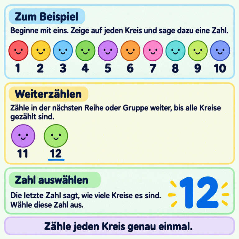Ein Zählbeispiel mit zwölf Kreisen: Zehn Kreise stehen in der ersten Reihe und zwei in der nächsten. Jeder Kreis hat eine Zählzahl. Nach zehn geht es mit elf und zwölf weiter. Die letzte Zahl ist zwölf: So viele Kreise sind es insgesamt. Zähle jeden Kreis genau einmal und wähle die passende Zahl aus. Zum Beispiel: Beginne mit eins. Zeige auf jeden Kreis und sage dazu eine Zahl. Weiterzählen: Zähle in der nächsten Reihe oder Gruppe weiter, bis alle Kreise gezählt sind. Zahl auswählen: Die letzte Zahl sagt, wie viele Kreise es sind. Wähle diese Zahl aus. Zähle jeden Kreis genau einmal. 1 2 3 4 5 6 7 8 9 10 11 12