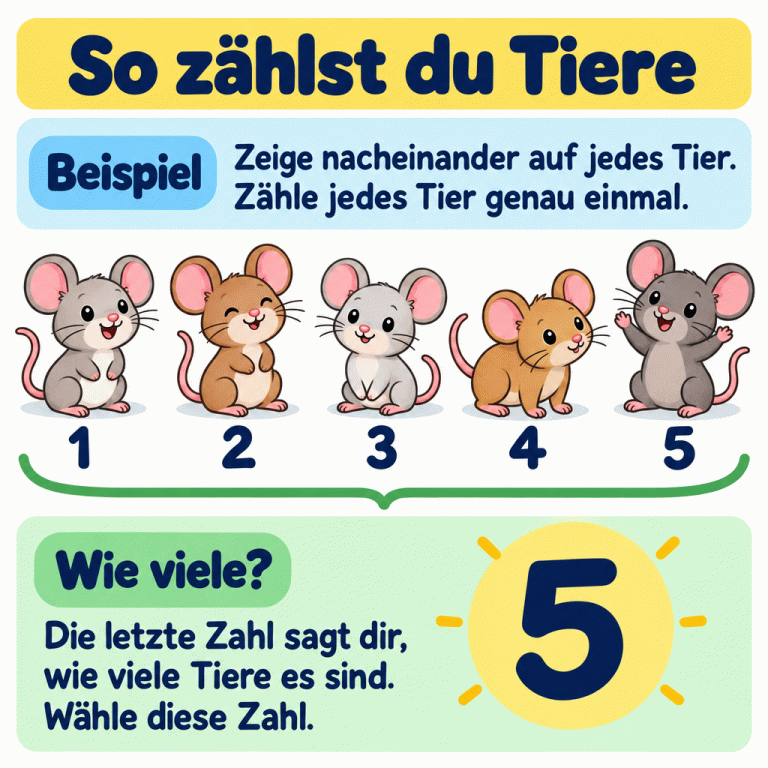 Ein Beispiel mit fünf Mäusen. Jede Maus wird einmal gezählt; darunter stehen der Reihe nach die Ziffern 1, 2, 3, 4 und 5. Die letzte Zahl ist fünf. Deshalb passt die große Ziffer 5 zur ganzen Gruppe. Die Anleitung erklärt: Zeige nacheinander auf jedes Tier, zähle es genau einmal und wähle die Zahl, die du zuletzt genannt hast. So zählst du Tiere Beispiel: Zeige nacheinander auf jedes Tier. Zähle jedes Tier genau einmal. Wie viele?: Die letzte Zahl sagt dir, wie viele Tiere es sind. Wähle diese Zahl. 1 2 3 4 5