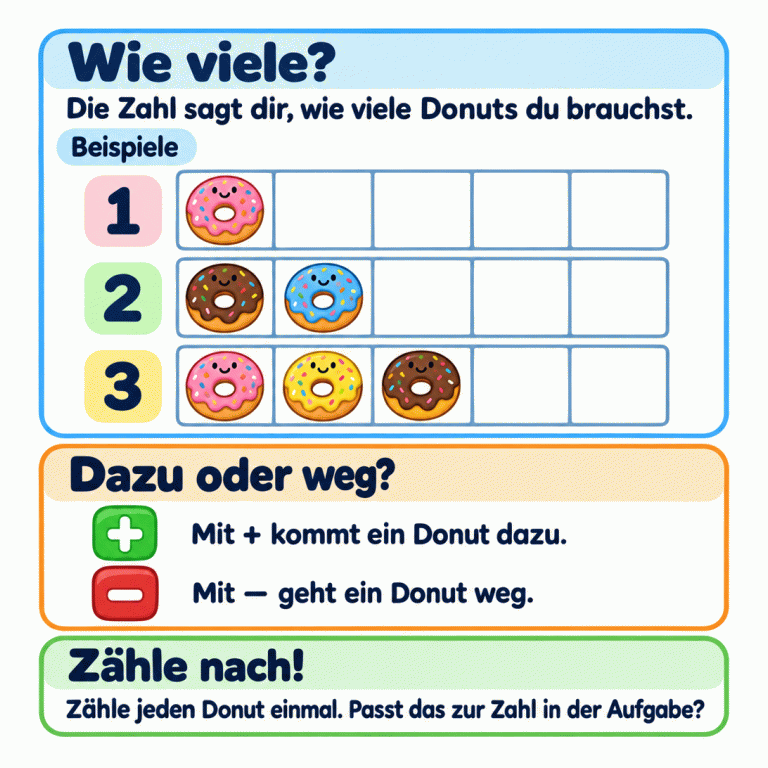 Drei Beispiele zeigen die Zahlen 1, 2 und 3 neben jeweils einem, zwei und drei Donuts in fünf Kästchen. Die übrigen Kästchen sind leer. Mit Plus kommt ein Donut dazu, mit Minus geht ein Donut weg. Zähle jeden Donut einmal und prüfe, ob die Anzahl zur Zahl in der Aufgabe passt. Wie viele?: Die Zahl sagt dir, wie viele Donuts du brauchst. Dazu oder weg?: Mit + kommt ein Donut dazu. Mit − geht ein Donut weg. Zähle nach!: Zähle jeden Donut einmal. Passt das zur Zahl in der Aufgabe? Beispiele 1 2 3 + −