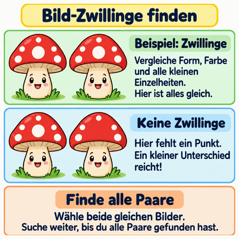 Eine Erklärung mit drei Abschnitten: Oben zeigen zwei genau gleiche Pilze ein Zwillingspaar. Darunter stehen ein vollständiger Pilz und seine Kopie, bei der nur der mittlere Punkt auf dem Hut fehlt. Sie sind keine Zwillinge. Der letzte Abschnitt fordert dazu auf, beide gleichen Bilder auszuwählen und weiterzusuchen, bis alle Paare gefunden sind. Bild-Zwillinge finden Beispiel: Zwillinge: Vergleiche Form, Farbe und alle kleinen Einzelheiten. Hier ist alles gleich. Keine Zwillinge: Hier fehlt ein Punkt. Ein kleiner Unterschied reicht! Finde alle Paare: Wähle beide gleichen Bilder. Suche weiter, bis du alle Paare gefunden hast.