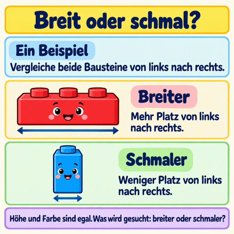 Ein Vergleichsbeispiel mit zwei freundlichen Bausteinen: Der niedrigere Baustein ist von links nach rechts breiter, der höhere schmaler. Waagerechte Pfeile zeigen ihre unterschiedlichen Breiten. Entscheidend ist die Breite, nicht die Höhe oder die Farbe. Je nach Frage wird das breitere oder das schmalere Bild gesucht. Breit oder schmal? Ein Beispiel: Vergleiche beide Bausteine von links nach rechts. Breiter: Mehr Platz von links nach rechts. Schmaler: Weniger Platz von links nach rechts. Höhe und Farbe sind egal. Was wird gesucht: breiter oder schmaler?