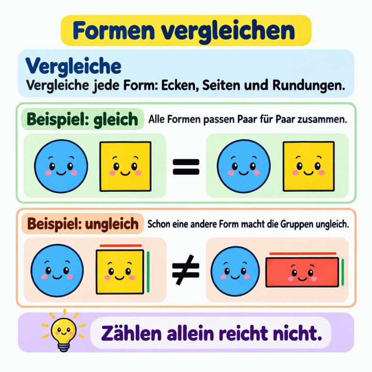 Zwei Beispiele zeigen den Vergleich von Formengruppen. Im ersten bestehen beide Gruppen aus einem Kreis und einem Quadrat. Dazwischen steht das Gleichzeichen. Im zweiten bestehen die Gruppen aus Kreis und Quadrat beziehungsweise Kreis und länglichem Rechteck. Dazwischen steht das Ungleichzeichen. Beide Gruppen enthalten gleich viele Figuren, aber Quadrat und Rechteck unterscheiden sich in ihren Seitenverhältnissen. Deshalb reicht Zählen allein nicht. Formen vergleichen Vergleiche: Vergleiche jede Form: Ecken, Seiten und Rundungen. Beispiel: gleich: Alle Formen passen Paar für Paar zusammen. Beispiel: ungleich: Schon eine andere Form macht die Gruppen ungleich. Zählen allein reicht nicht. = ≠